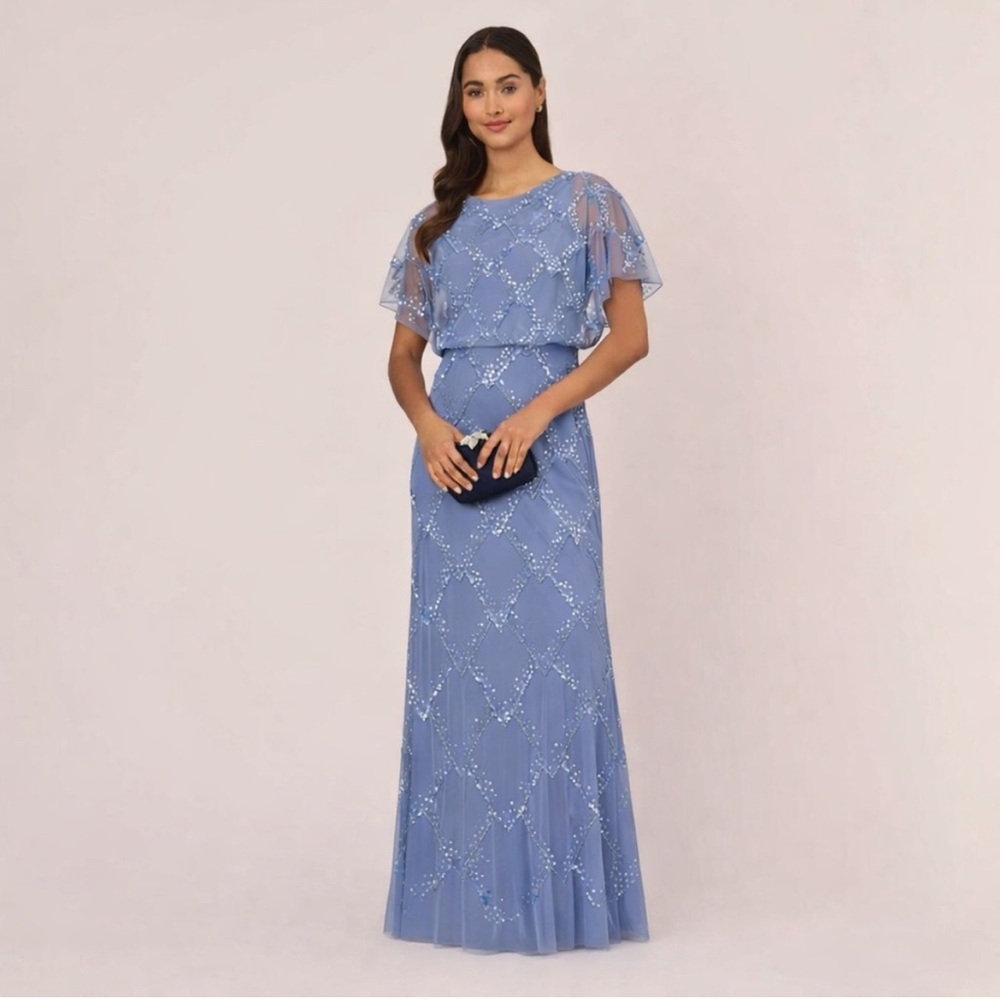 Adrianna Papell Beaded Blouson French Blue Gown NWT SZ 14W MOB Formal Dress GALA - Picture 1 of 8